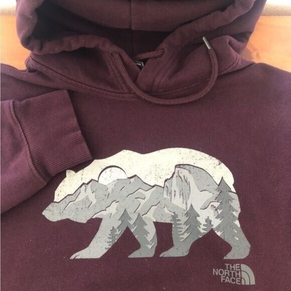 The North Face Men's Maroon Small Fleece Lined Distressed Bear Hoodie‎ Pullover
